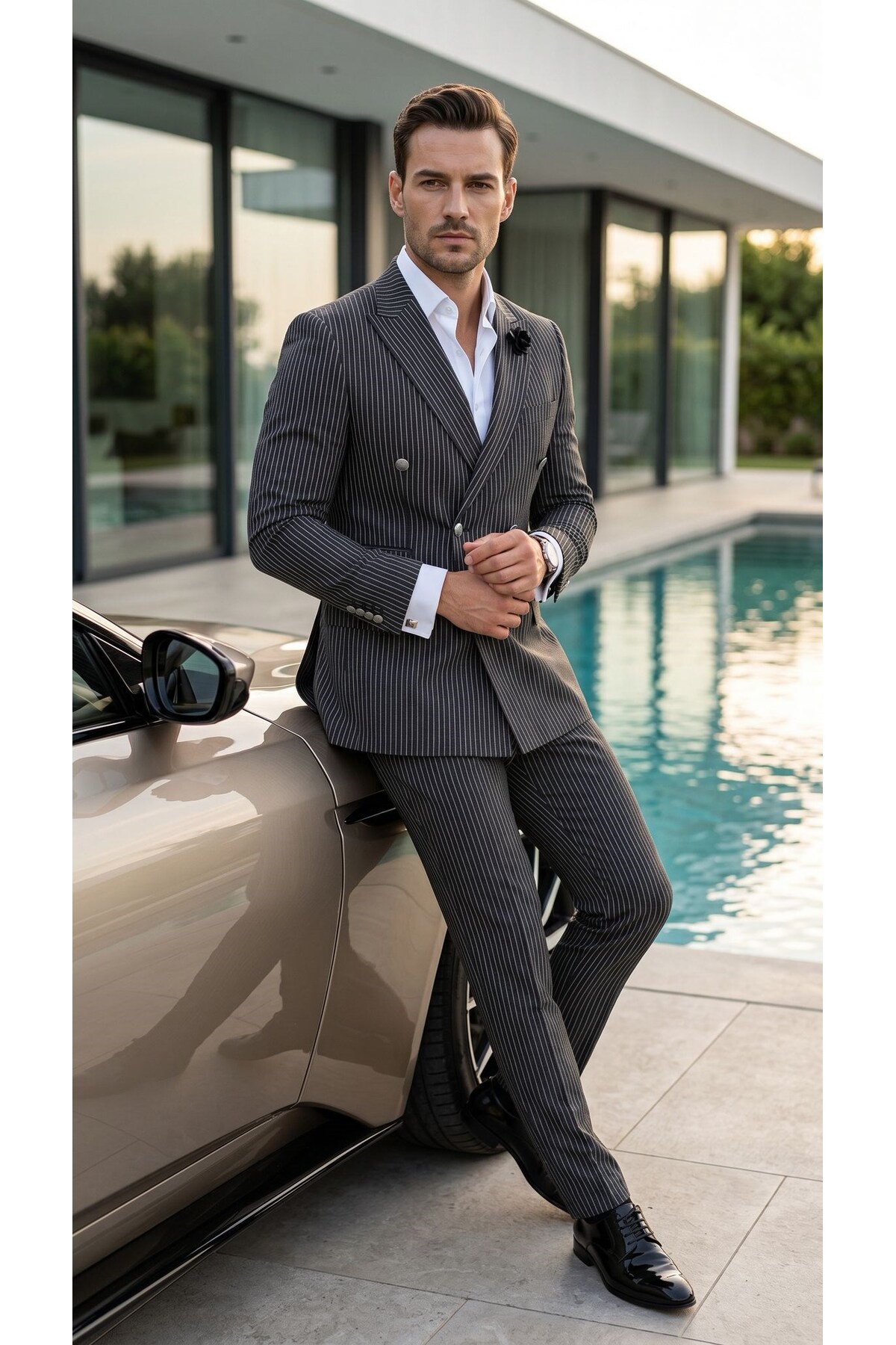 İtalyan Kesim Kruvaze Takım Elbise – Modern Slim Fit – Çizgili Kumaş Detaylı — سرمه‌ای PRA-13343985-802781 — تصویر 4 از 7