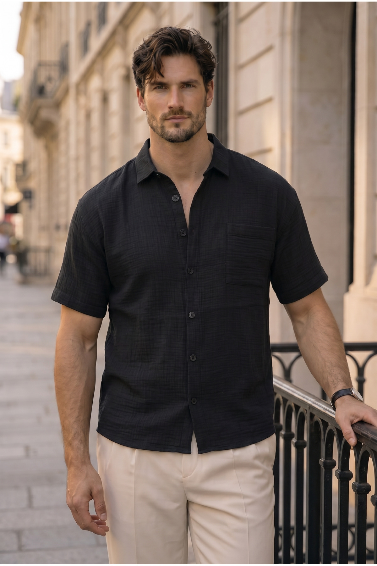 Muslin Fabric Single Pocket Shirt- Black