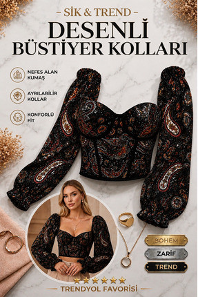 atelier burcu Trend Desenli Büstiyer İçin Balon Kol Kadın Crop Top Kombin (Bü...