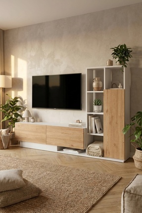 Yurupa Forte Tv Ünitesi Kapaklı Kitaplık Raf Sepet-Beyaz FOR1-SW
