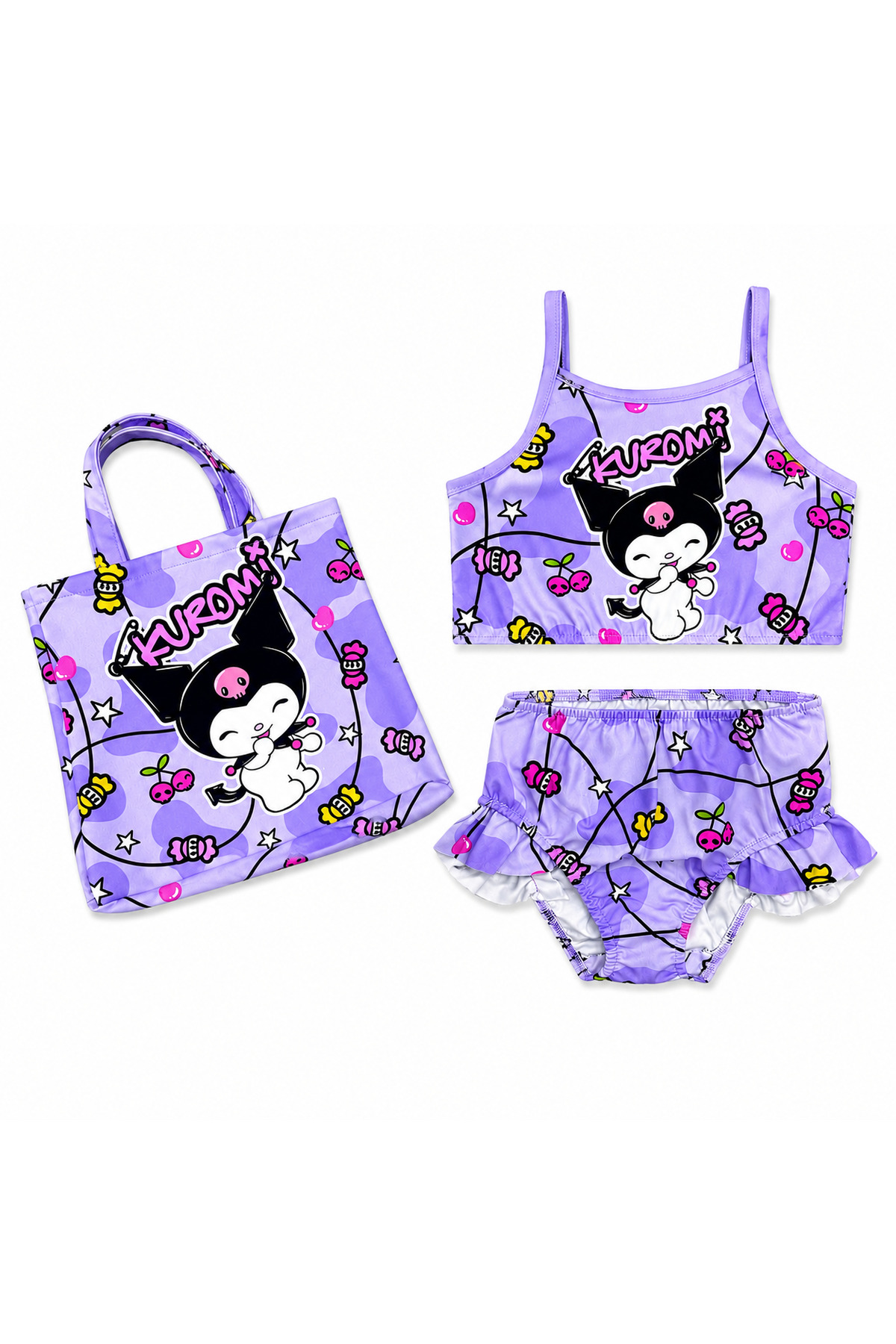 Girls Kuromi Printed 3 Pieces Summer Holiday 1. Quality Mold Purple Bikini Swimsuit with Holiday Bag