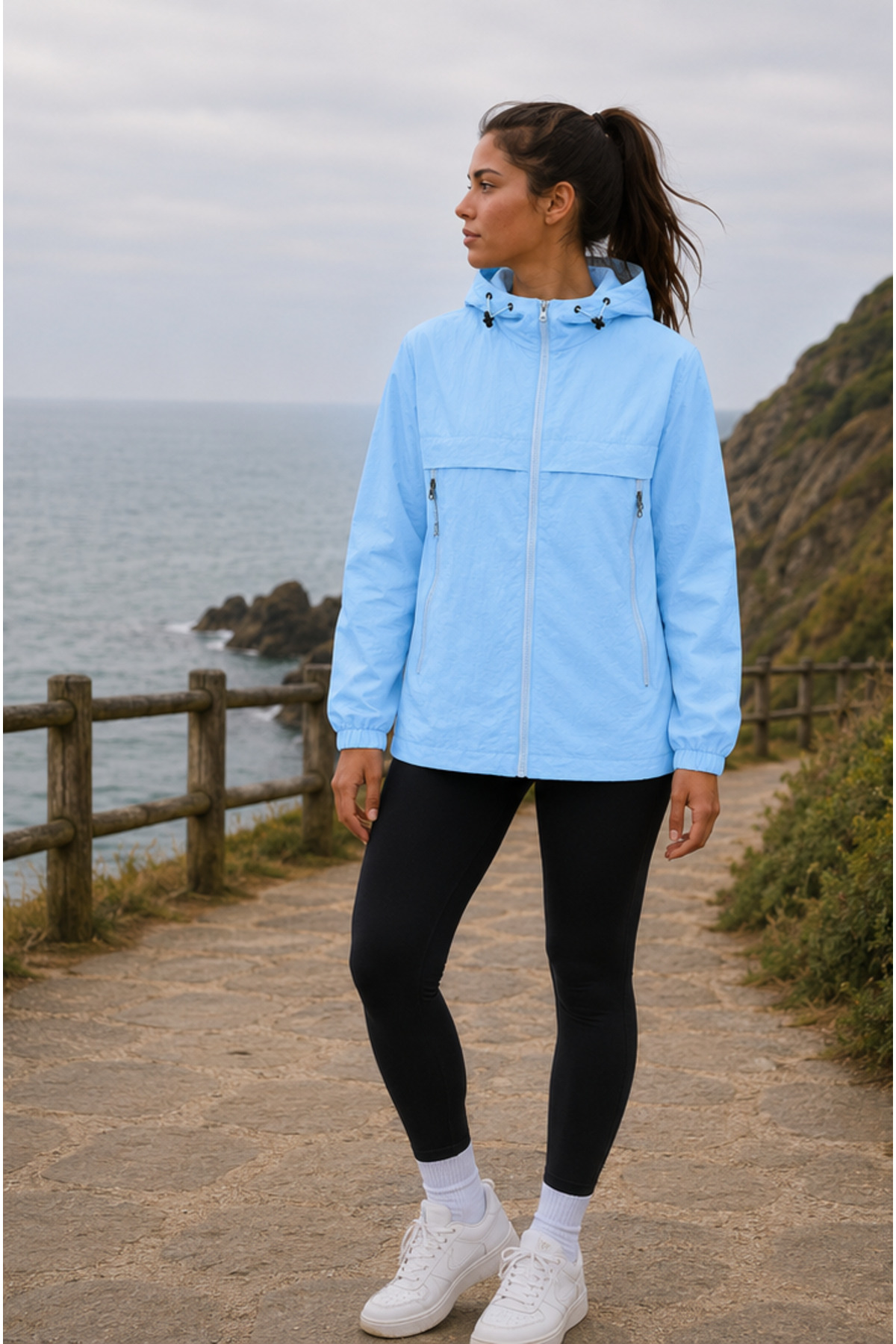 Women's Light Blue Hooded Slim Seasonal Lined Windbreaker Casual Sports Jacket with Zipper