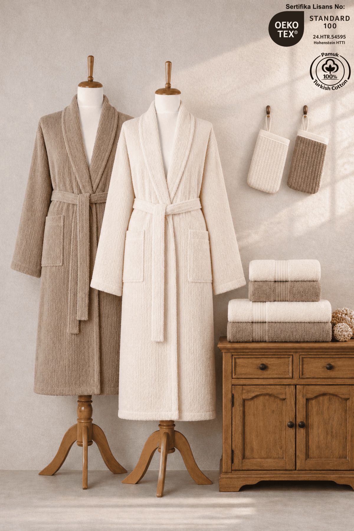 8 Piece Pouch Striped Bathrobe Family Set 100% Cotton Certified Bathrobe Set Dowry Set - Cream Beige