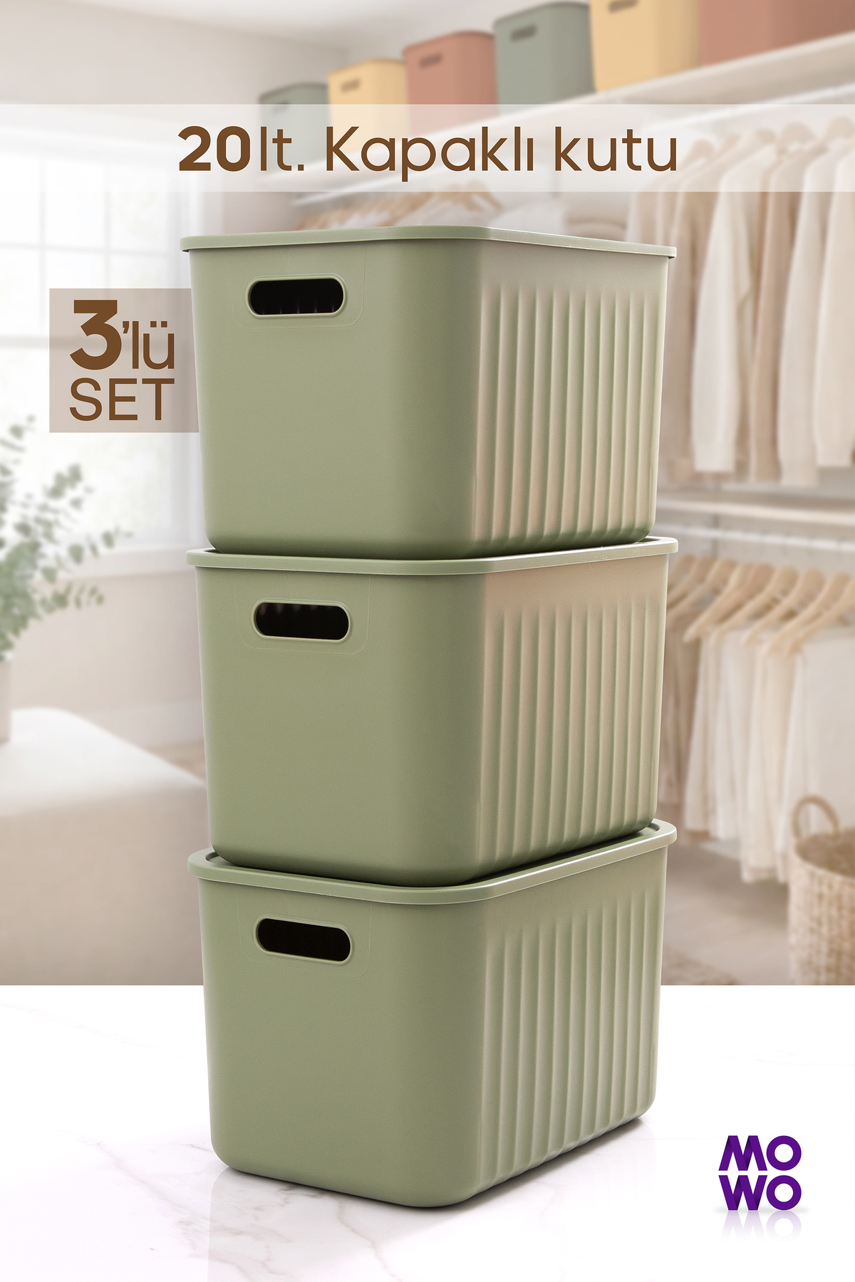 BigBox 20 Lt 3-Piece Green Cabinet Organizer Storage Box with Lid Basket Organizer Toy Box