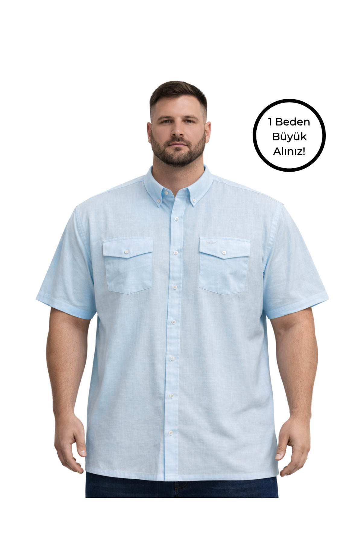 BattalModa Erkek Büyük Beden Mint Çift Cepli Kısa Kollu Gömlek 3XL-4XL-5XL-6XL-7XL-8XL