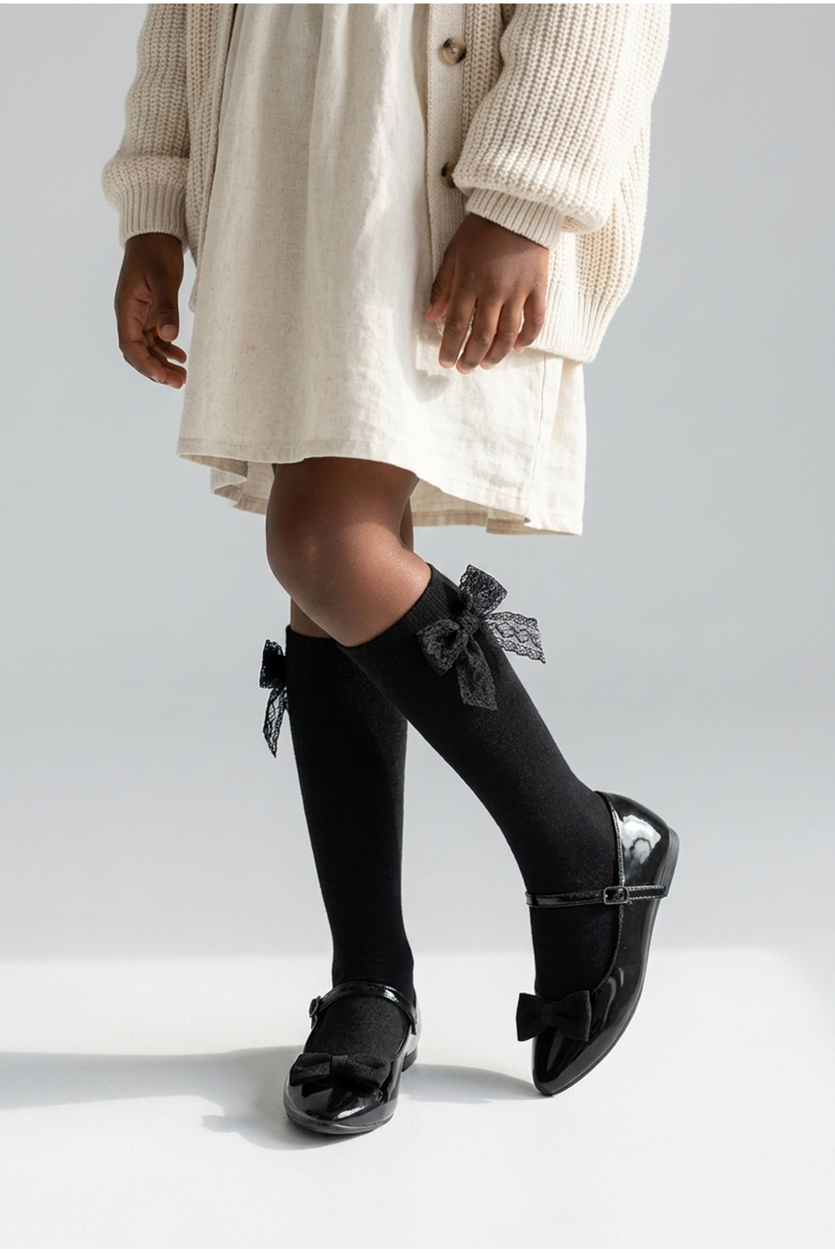 Family Kids Basic Socks with Knee Ribbon Black