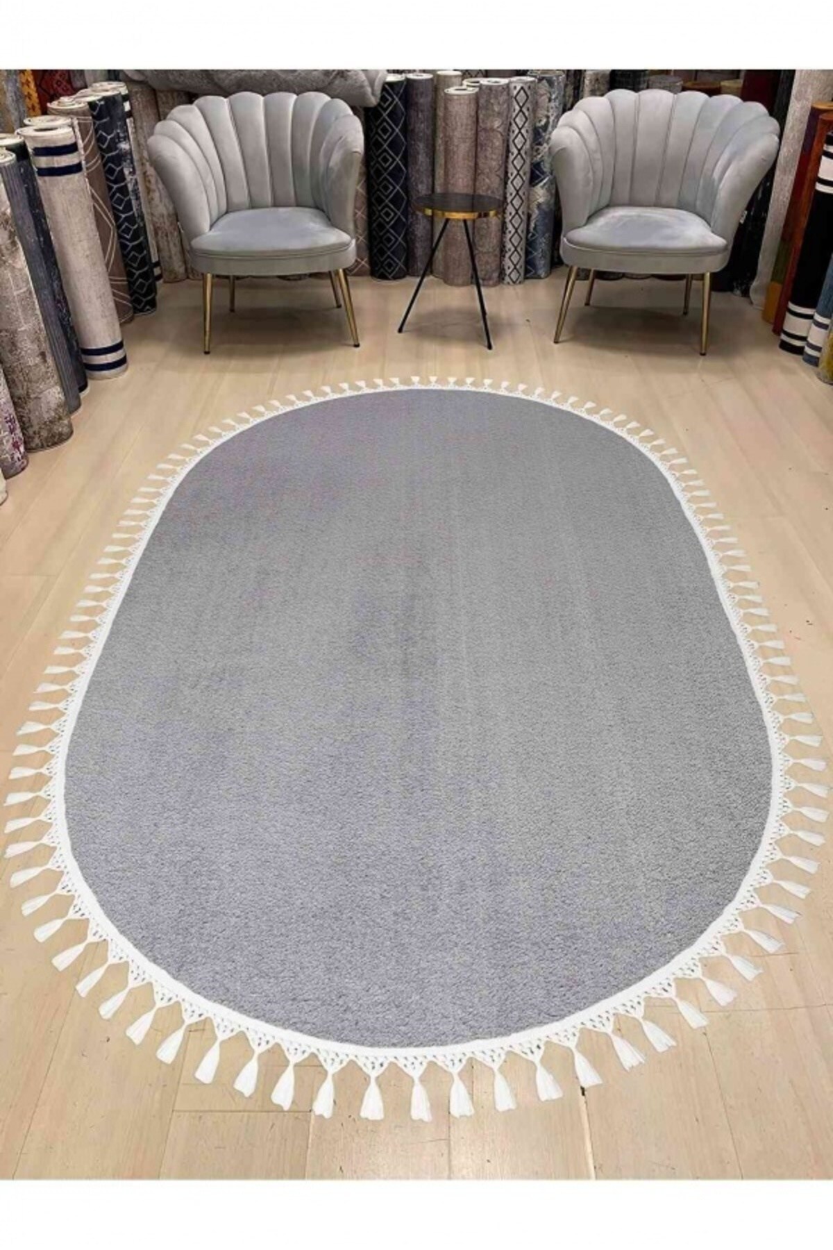 Vl Oval Comfort Pompom Fringed Plush Rug Grey Pompom Pompom White