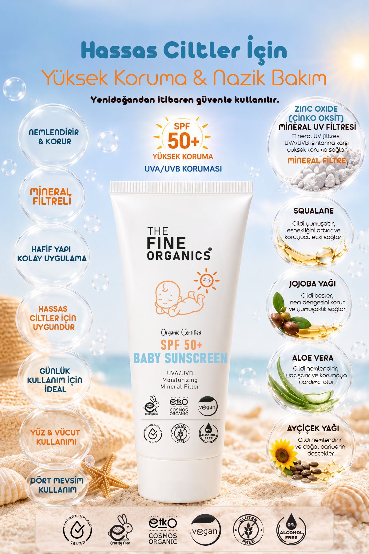 Organik Sertifikalı SPF 50+ UVA/UVB Mineral Filtreli Bebek ve Çocuk Güneş Kremi, Vegan Güneş Kremi — TFOBSCR01 — تصویر 2 از 6