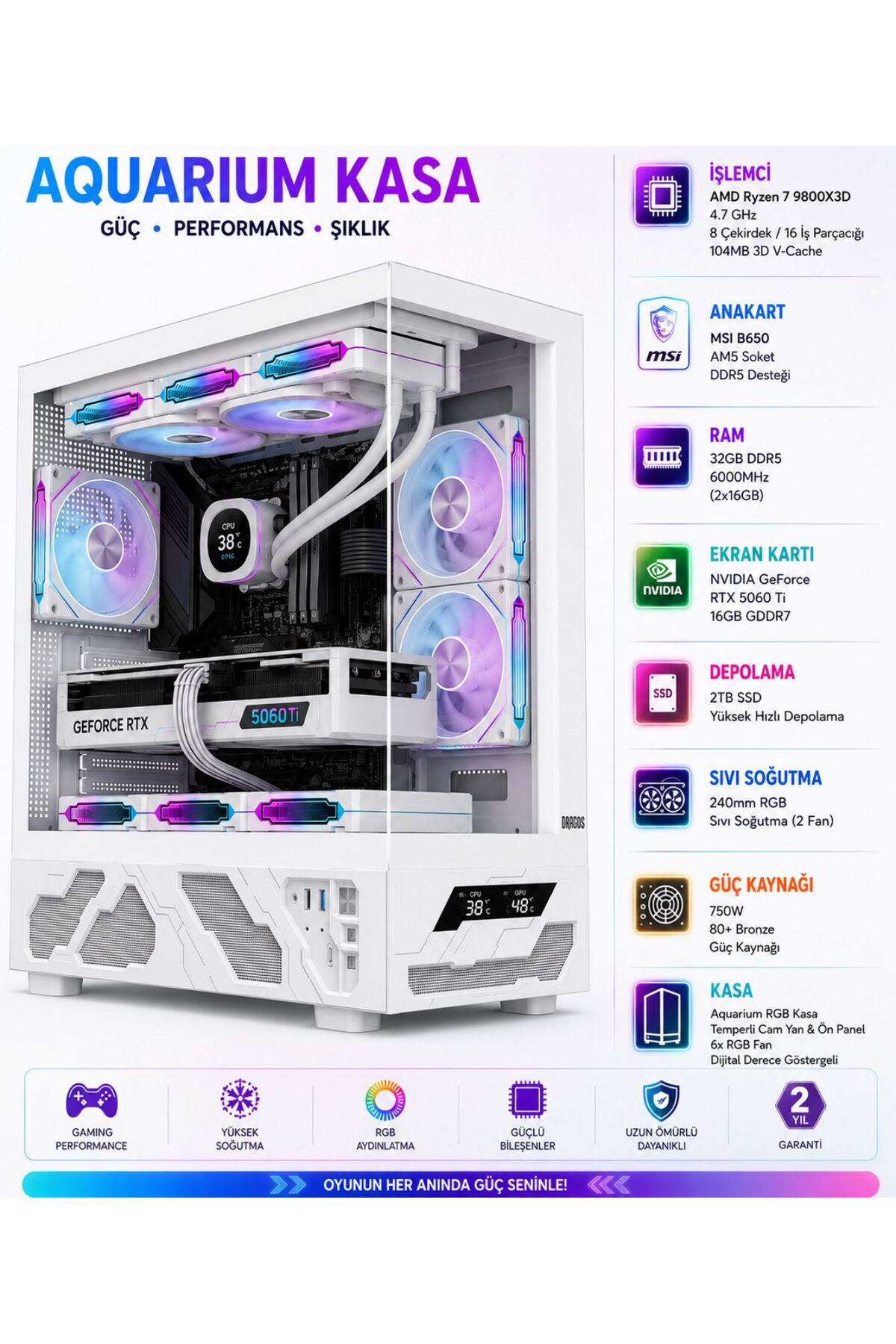 Apphirex Pro Z96 Ryzen 7 9800X3D 32GB Ddr5 Ram 2TB SSD RTX5060Tİ 16GB Sıvı Soğutmalı Masaüstü Oyun Bilgisayar