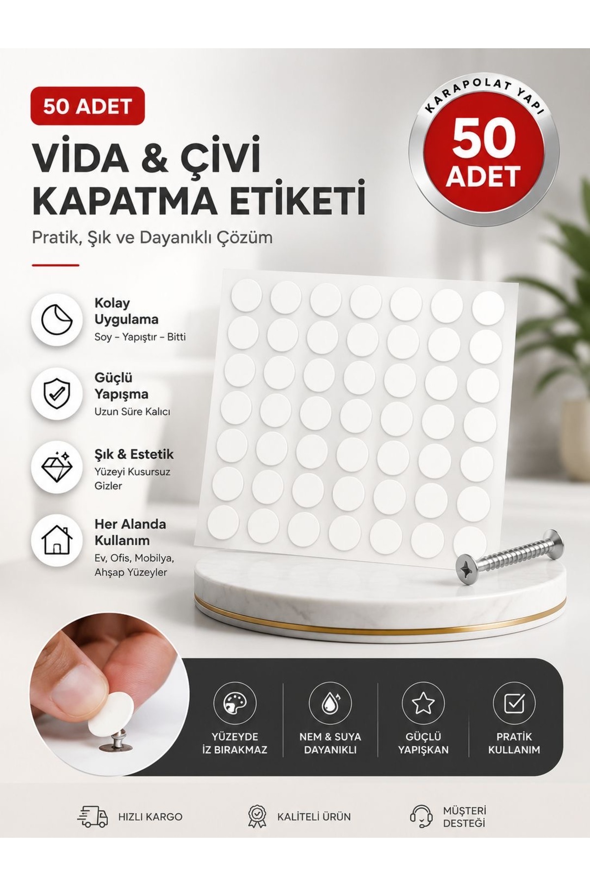 KarapolatYapı Yapışkanlı Yapıştırma Vida Tapası Tıpası Beyaz Vida Kapatıcı Kapağı Vida Gizleme 50 Adet - Fiyatı, Yorumları