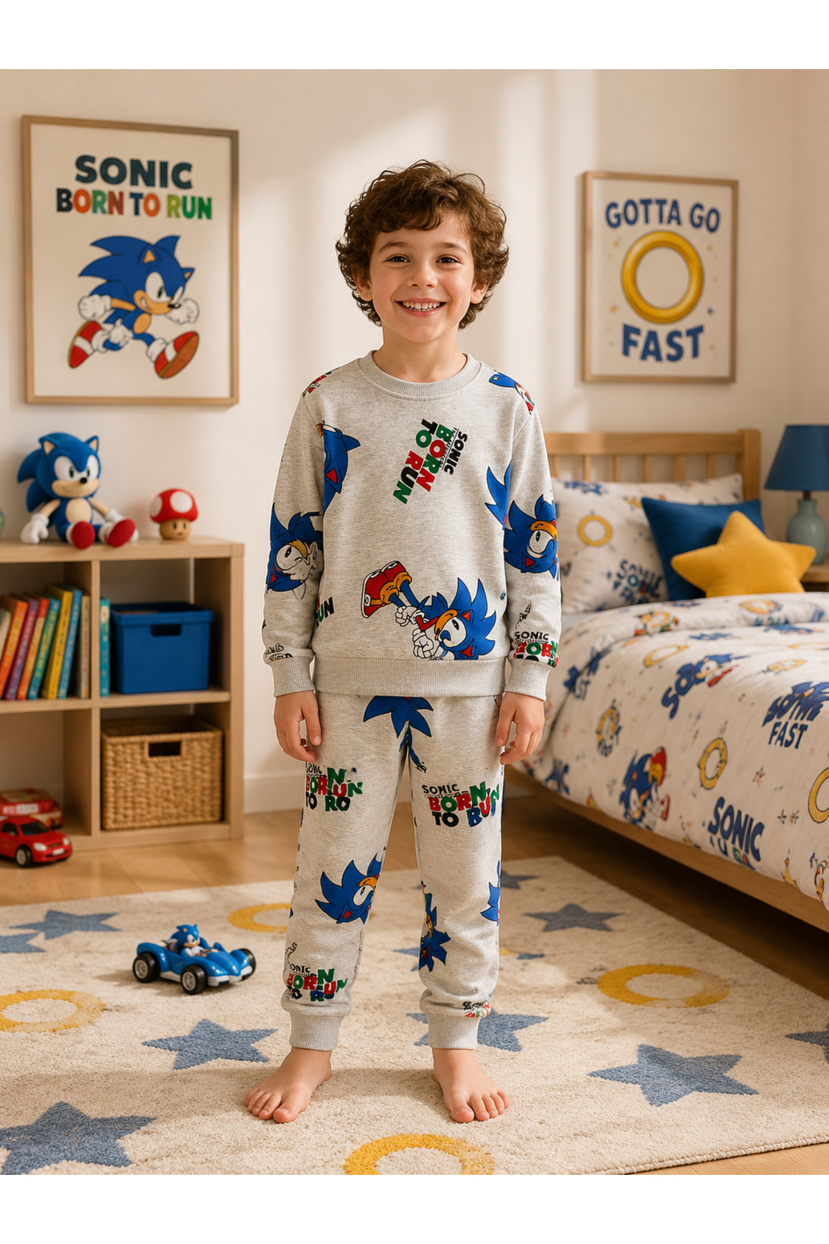 Pajama Shop Boys' Cotton Fabric Gray Hedgehog Patterned Long Sleeve Brushed Inside Winter Pajama Set