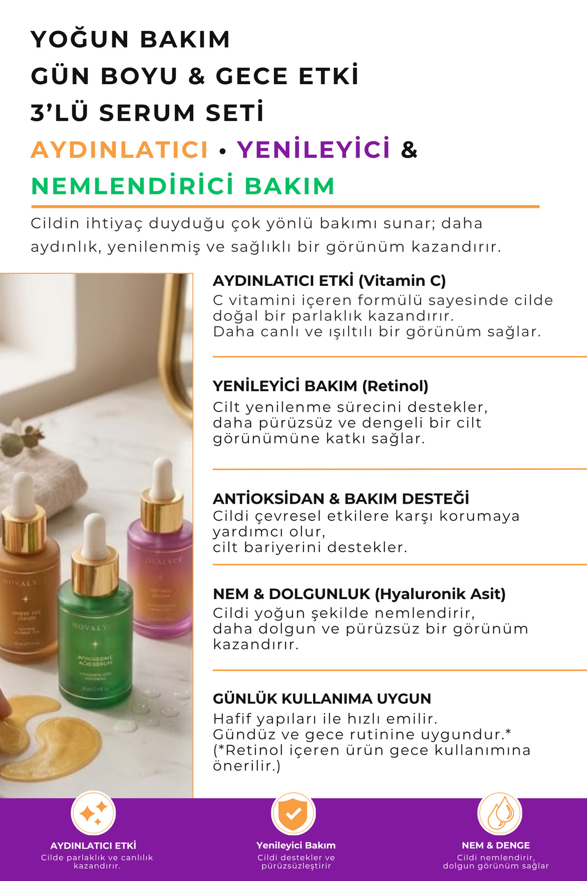 Vitamin C Retinol ve Hyaluronic Acid Serum Seti 30 ml x3 — ST00007 — تصویر 3 از 4