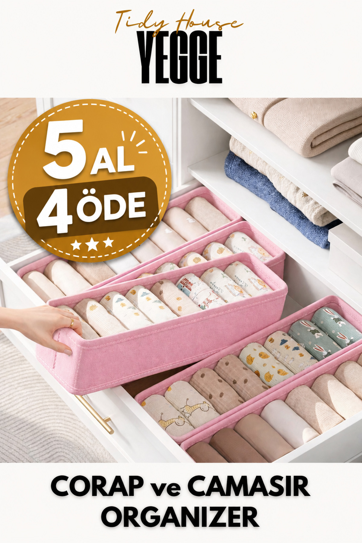 Drawer & Closet Organizer, Shelf Organizer, Pink Socks & Laundry Scarf Organizer Box