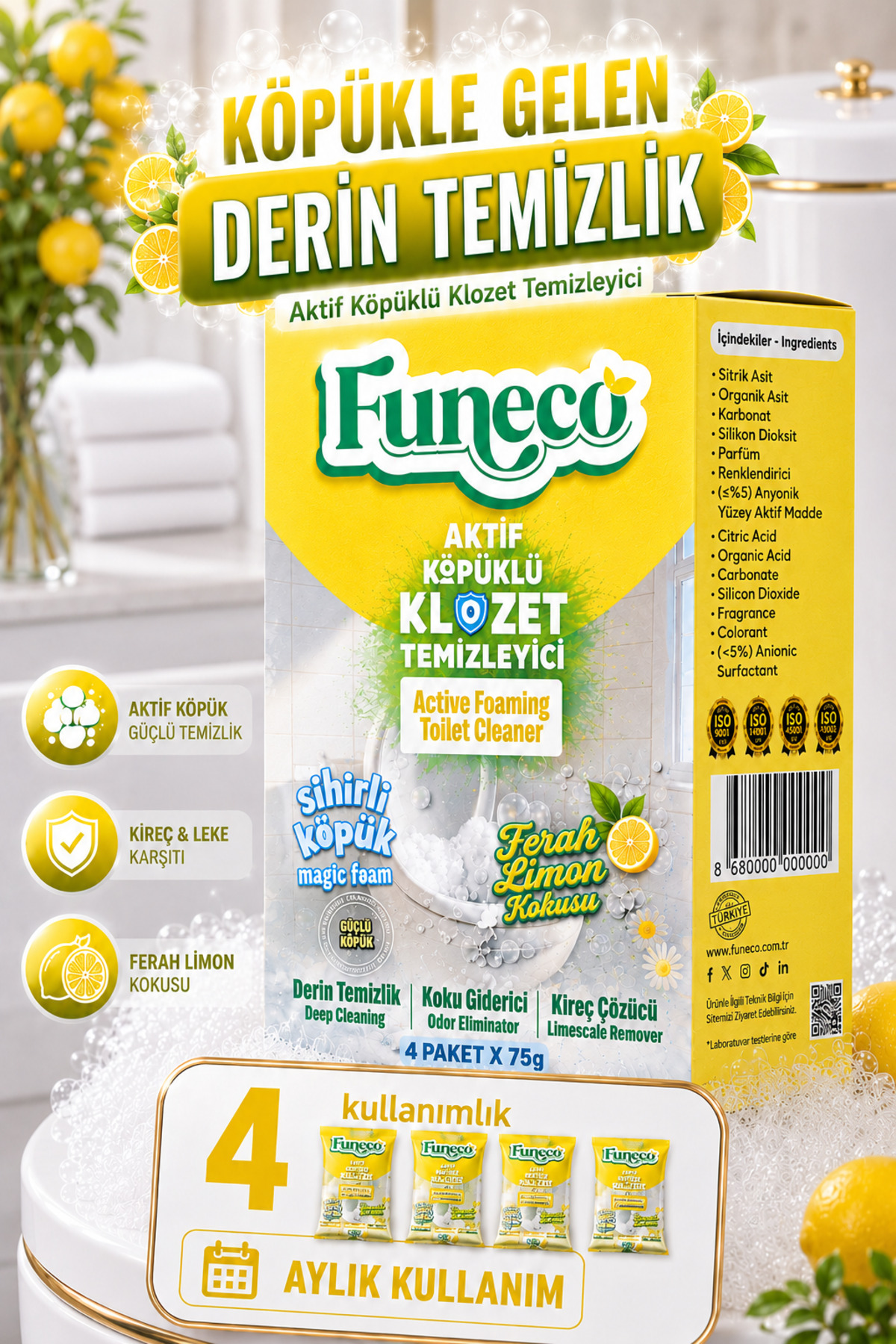 FUNECO Tuvalet Klozet Temizleyici Aktif Köpük Doğa Dostu 4 Paket