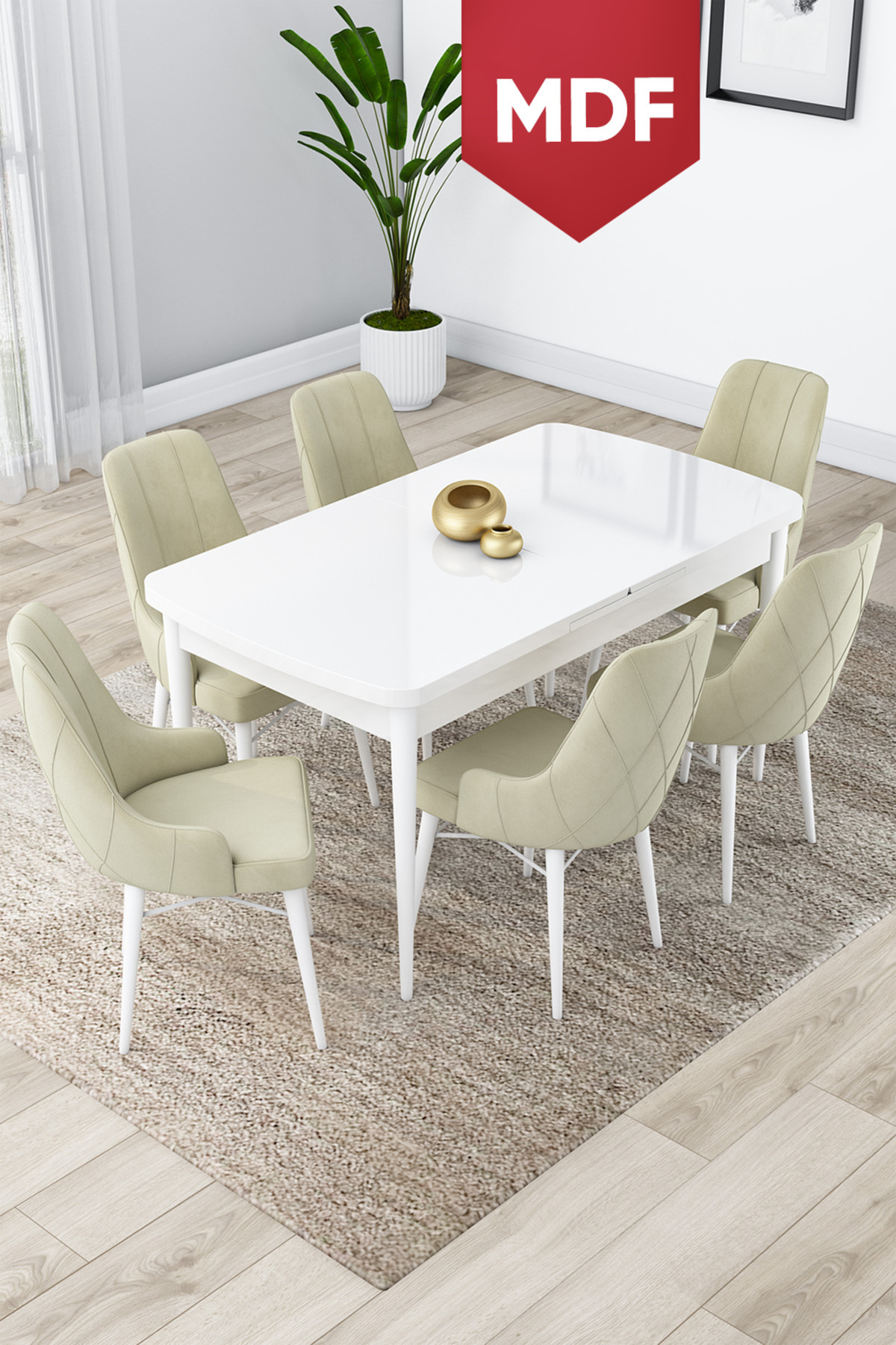 Lia Series 80x132 MDF Retractable Kitchen Table Set White Table 6 Cream Chair