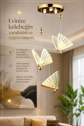 burenze Butterfly Avize Üçlü Sarkıt Led Avize Rose Gold Sarı Harika Görsel Gü...