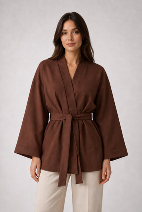 Glowear Atelier Kadın Kahverengi Kuşaklı Tasarım Kimono Ceket