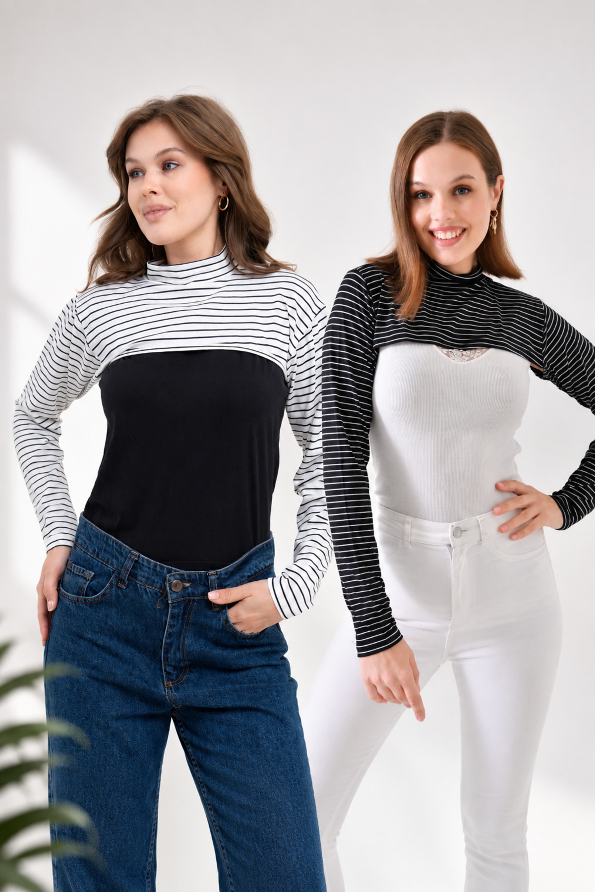 2-Piece Set Striped Neck Sleeve Black and White Body Long Sleeve Combed Cotton Underwear Sleeve