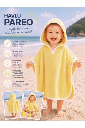 Tomuycuk Kız / Erkek Bebek Bornozu Sarı %100 Pamuklu & Başlıklı Pareo - Yumuş...