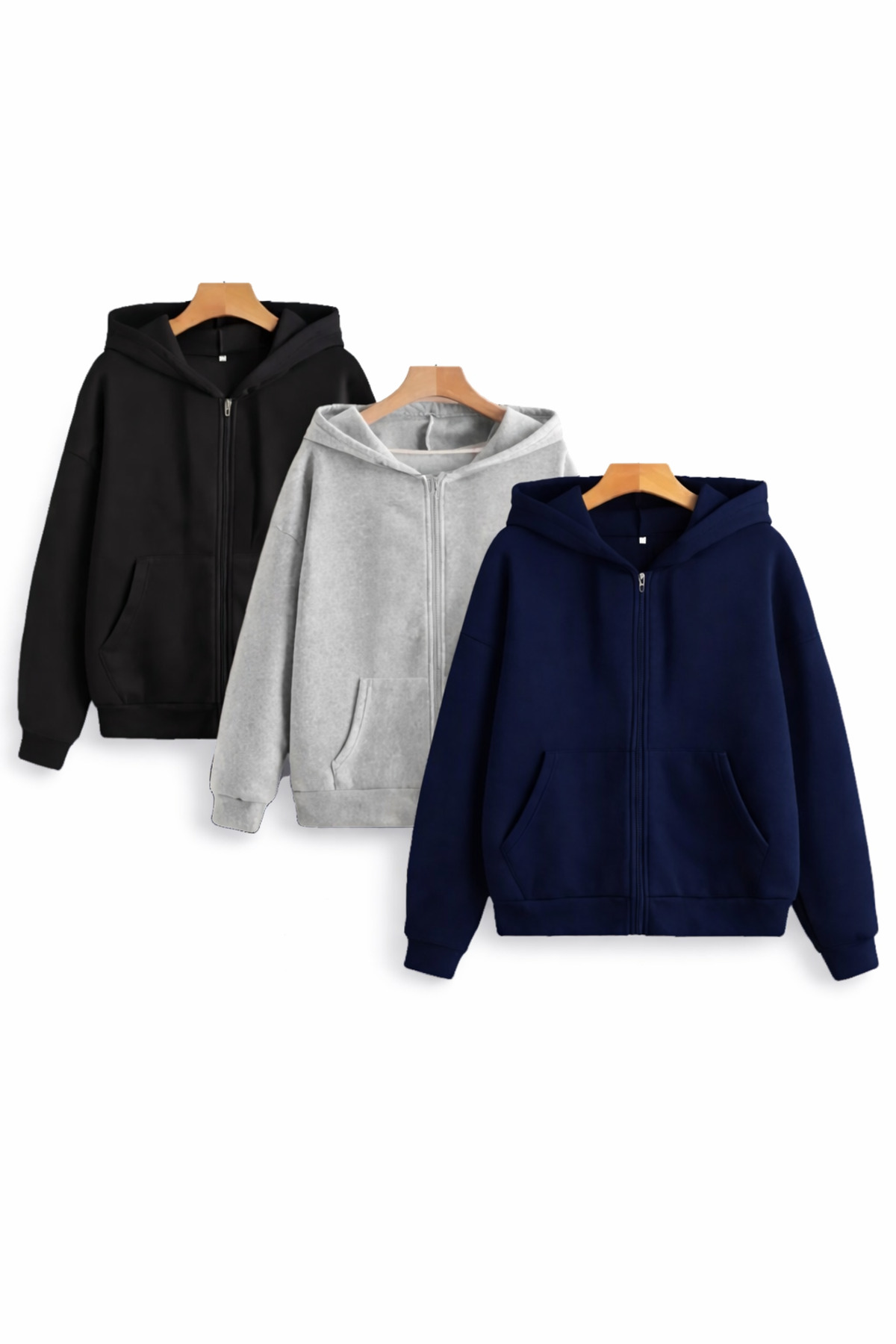 DEZZİİ 3’Lü Fermuarlı Kapşonlu Sweatshirt Hırka Siyah Laci Gri