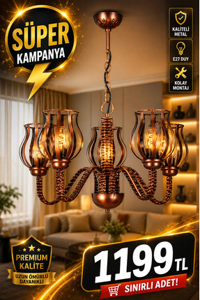 Venon Süper Muya 5 li Siyah Bakır Patine Metal Kollu Avize Salon Avizesi Mode...