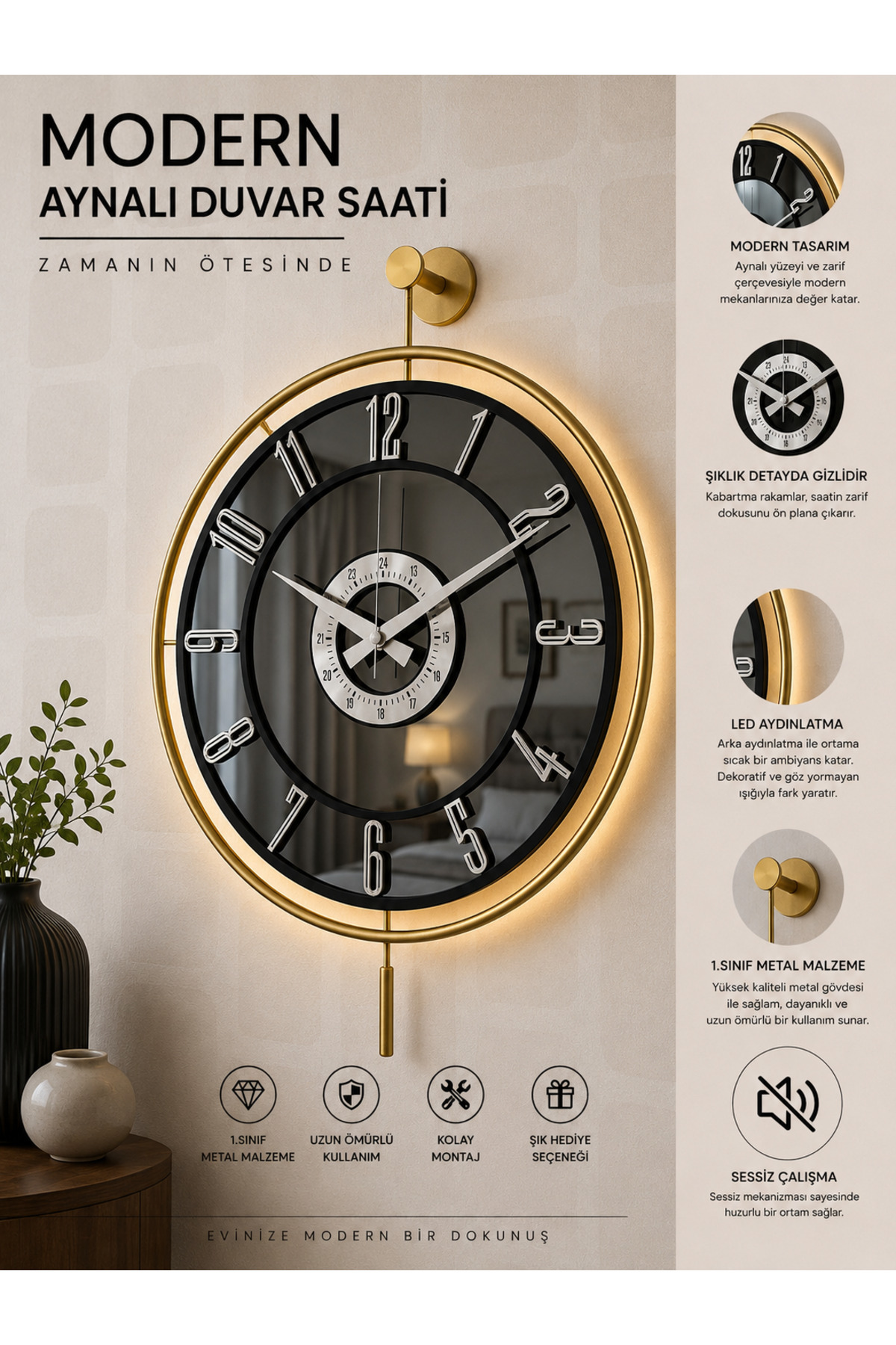 Metal Glass Wall Clock Real Glass Wall Clock with Light Modern Design