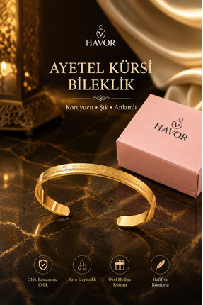 havor Ayetel Kürsi Yazılı Hakiki Çelik Gold Renk Kararmaz Paslanmaz Bileklik ...