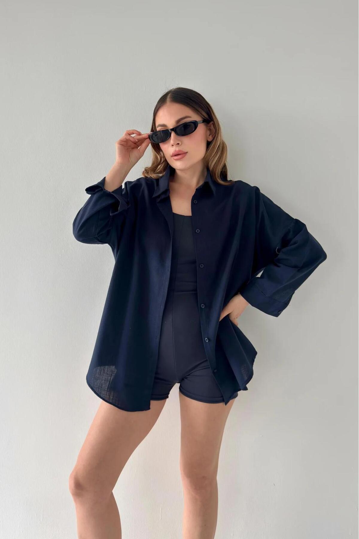Rouge basıc Oversize Keten Dokulu %100 Pamuk Salaş Gömlek görsel 4