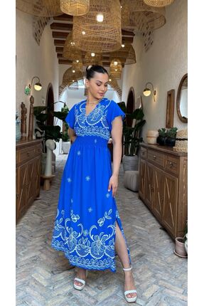 Moda Banuş Etnik Desen Kısa Kol Yan Yırtmaçlı Midi Boy Elbise