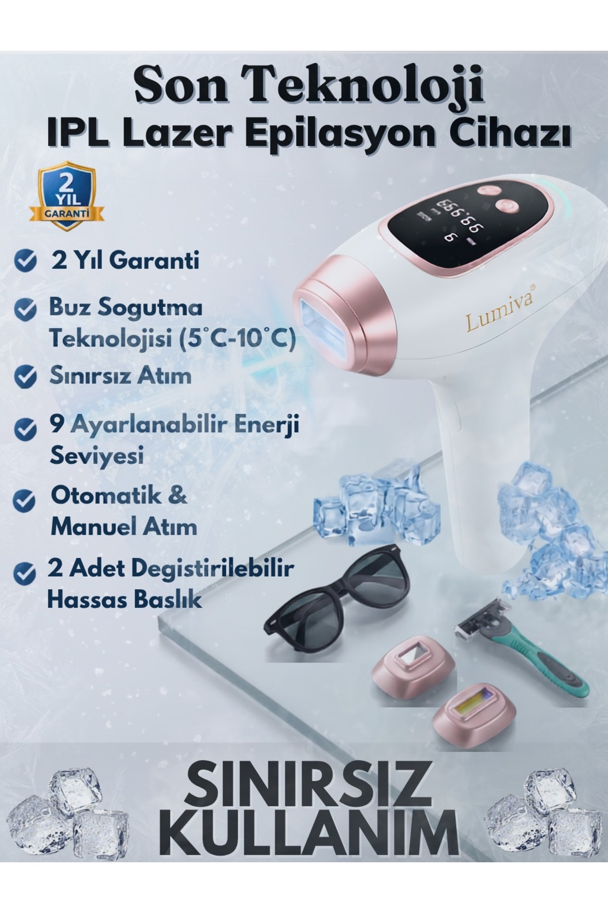 Lumiva LMV1020 IPL Buz Lazer Epilasyon Cihazı 999.999 Atım - ICE Soğutmalı Dokunmatik Ekran Safir Başlık