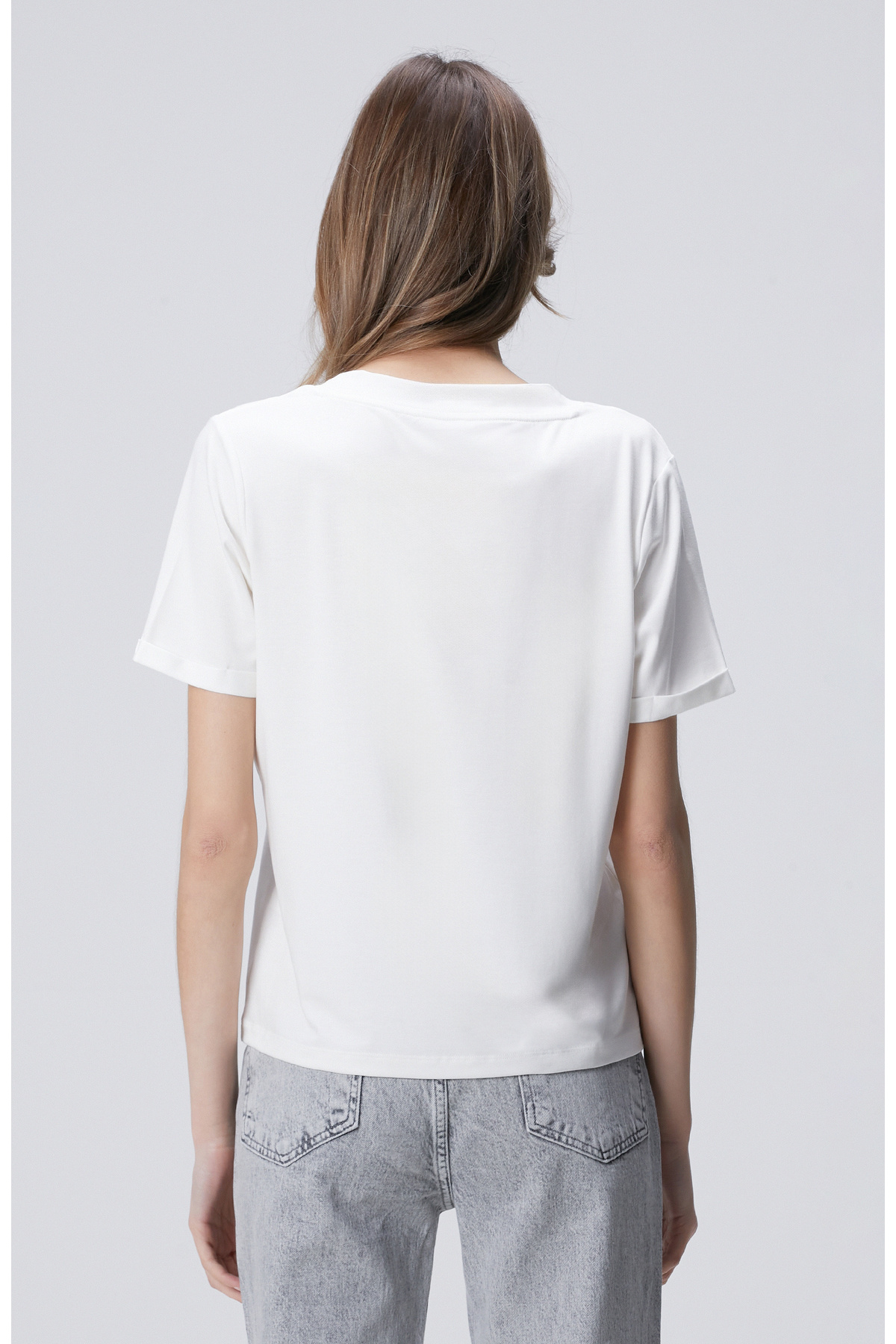 Network Kırık Beyaz Kol Katlama Detaylı Basic T-shirt görsel 5