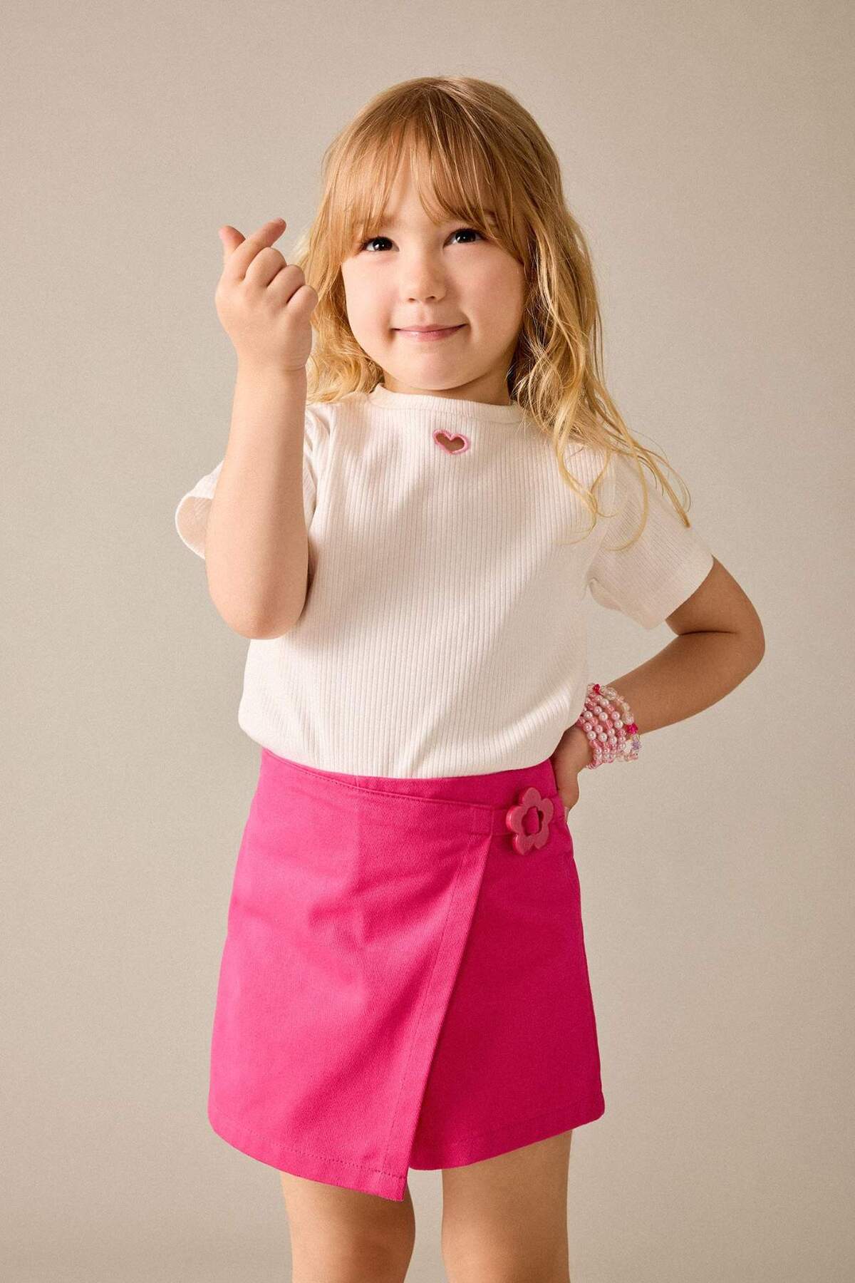 Defacto Heart Patterned Ribbed Camisole Short Sleeve T-Shirt Baby Girl H6647A526Sm