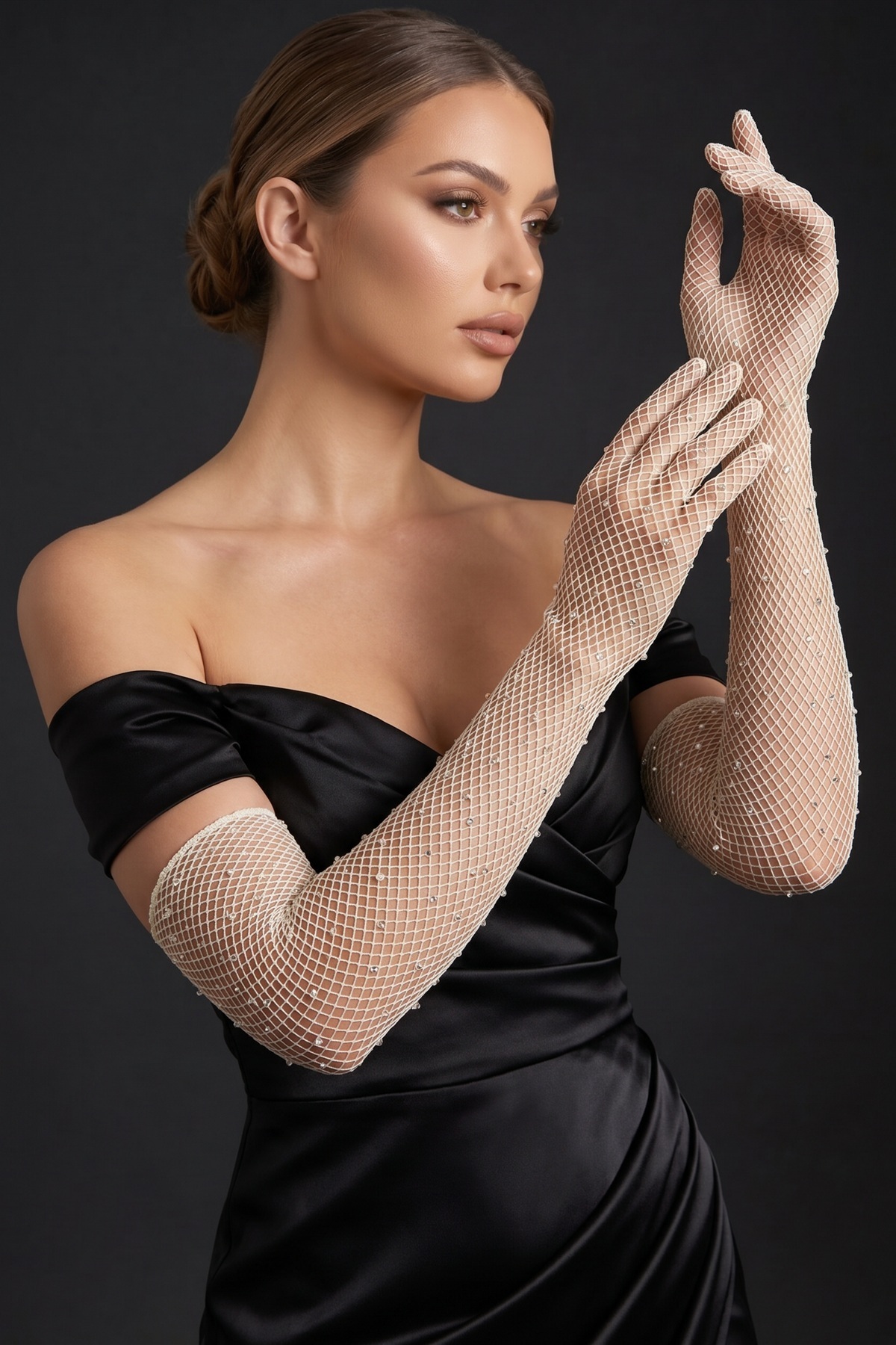 Elegance Scarf Uzun File Taşlı Eldiven Kırık Beyaz Nikah Abiye Davet Gece Söz Kına Nişan Mezuniyet