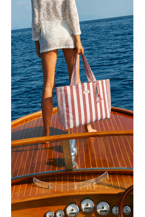 Strippe Kalın Çizgili Pamuklu Bordo Plaj Çantası ve Portföy Set - BREEZE DUO