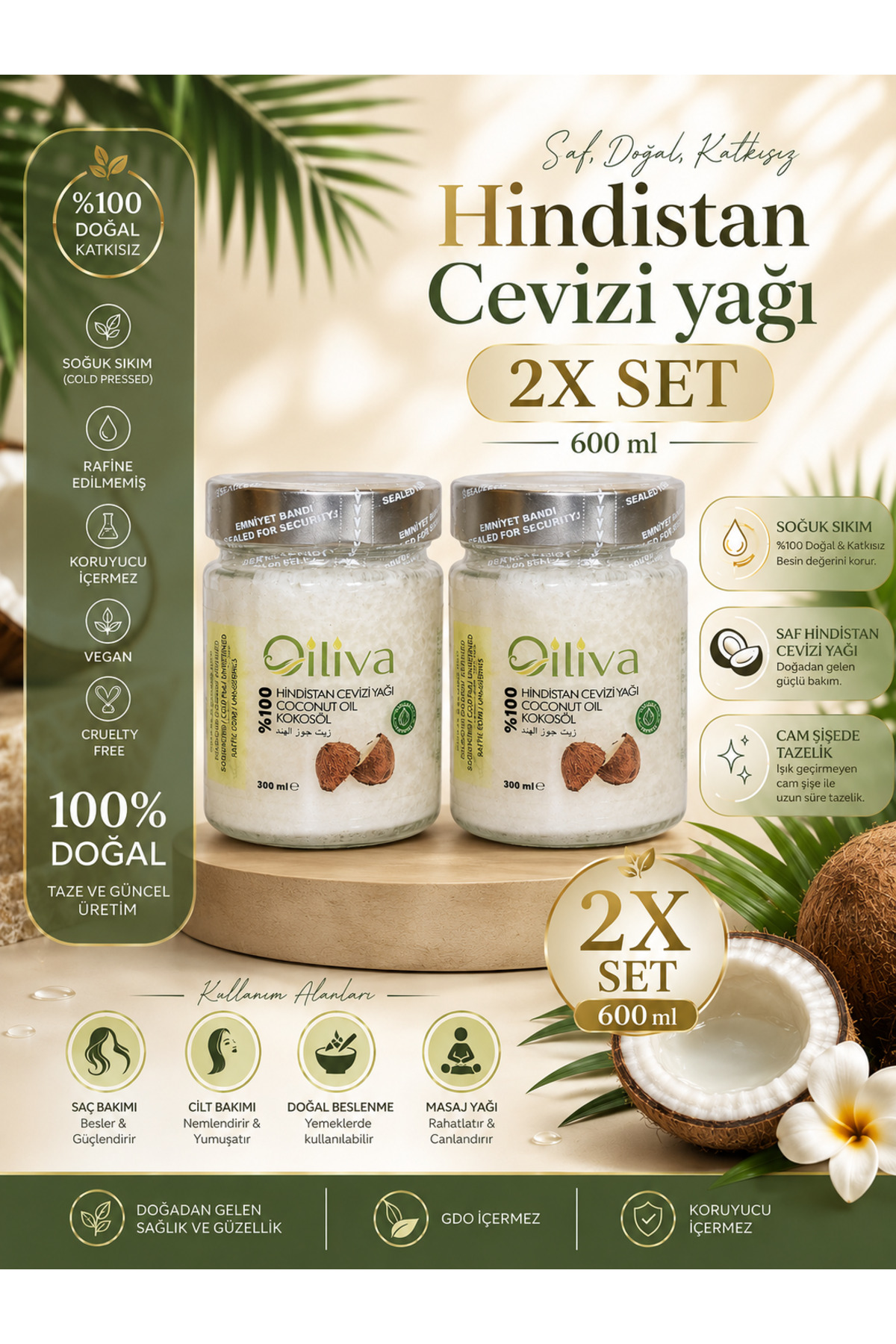%100 Doğal Hindistan Cevizi Yağı 2x300 ml – Soğuk Sıkım – Cam Şişe – Katkısız ve Saf — TYCDFPAMSN172743057031549