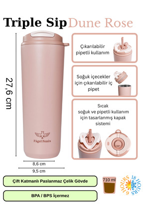 Fagel Fenix 710 ml Triple Sip Dune Rose Çift Katmanlı Paslanmaz Çelik Termos ...