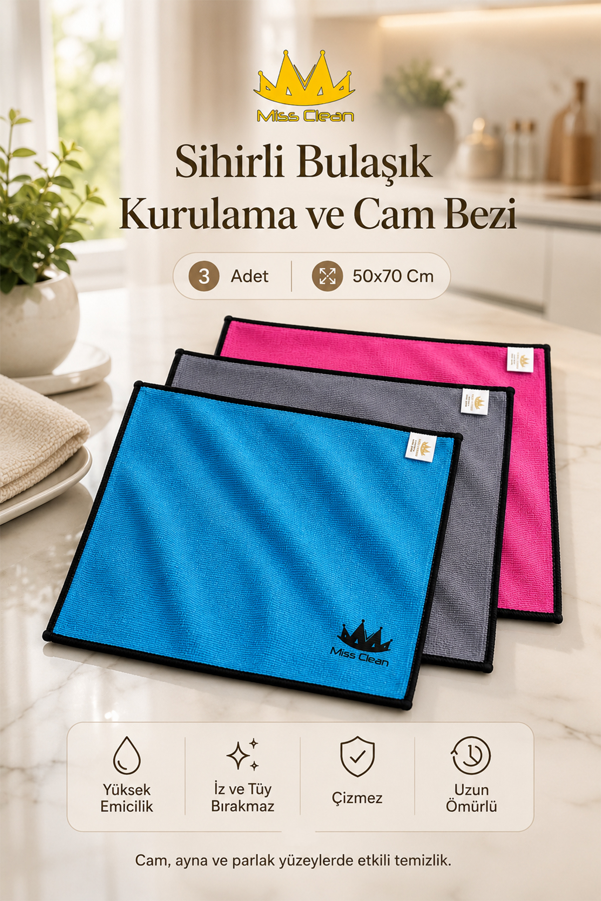 MissClean ( 3 ADET ) Premium Cam Bezi Kurulama Gerektirmez 50*70