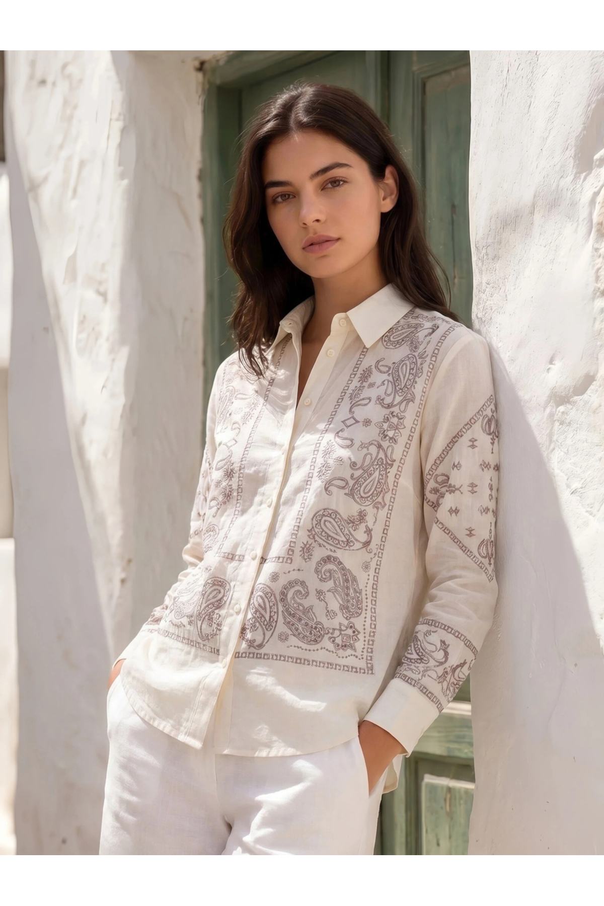 Styli Off White Long Sleeve Paisley Embroidered Shirt