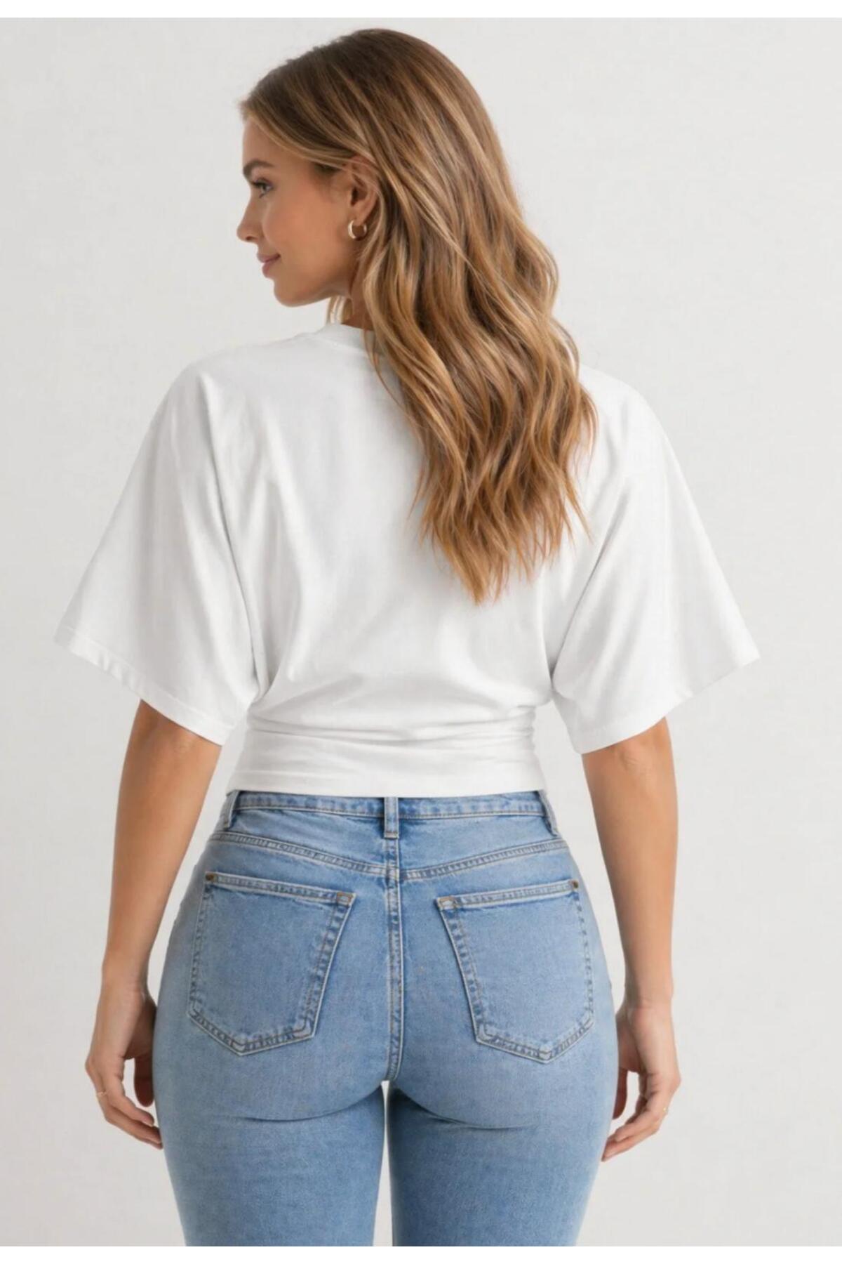 FLEX FASHION  kadın Bele Oturan Geniş Kollu Üst Beyaz Bluz - Görsel 2