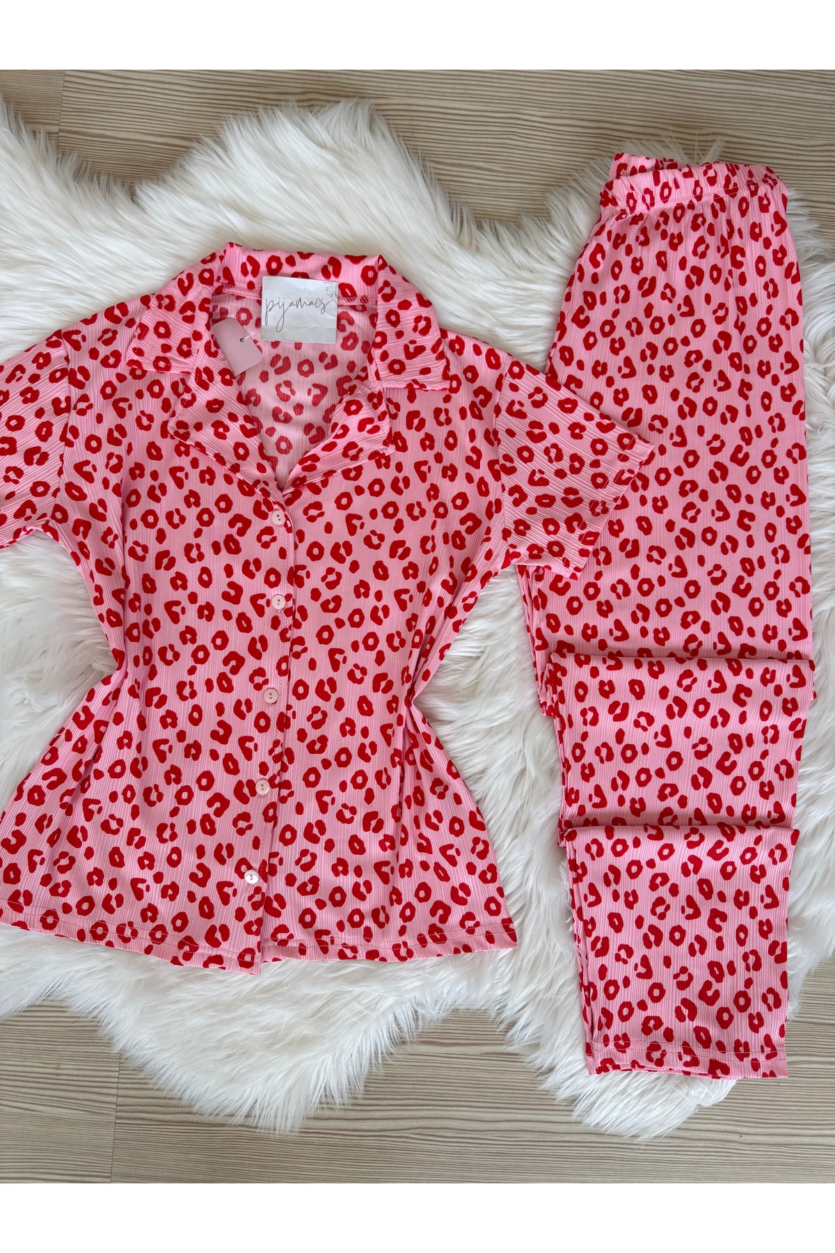 Pijamacs Kırmızı Leopar Desenli Kısa Kol Pegasus Pijama Takımı görsel 8