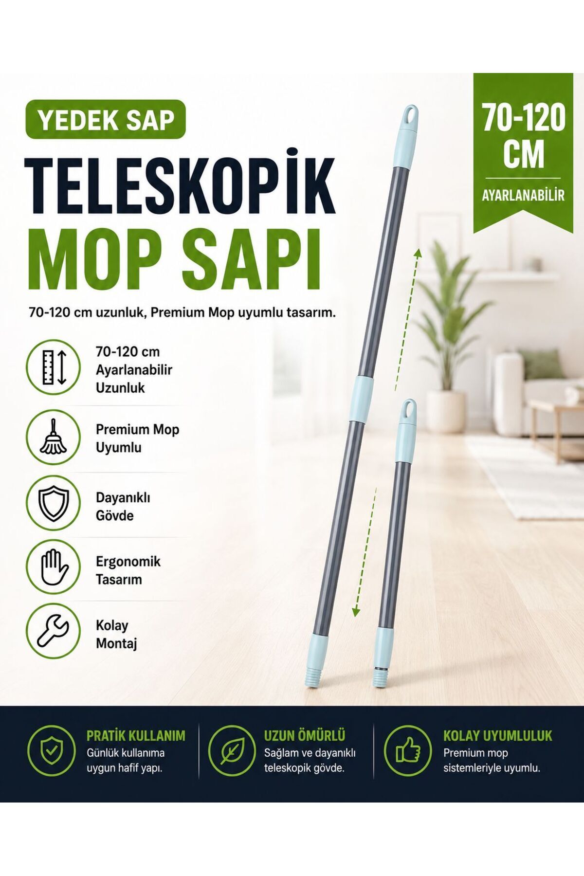 clean she Premium Teleskopik Mop Sapı | Premium Mop Uyumludur