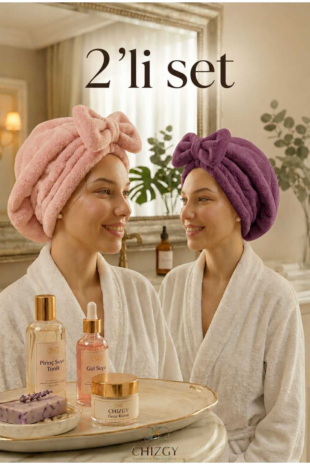2 Adet Mikrofiber Saç Havlusu Bonesi Lastikli Fiyonklu