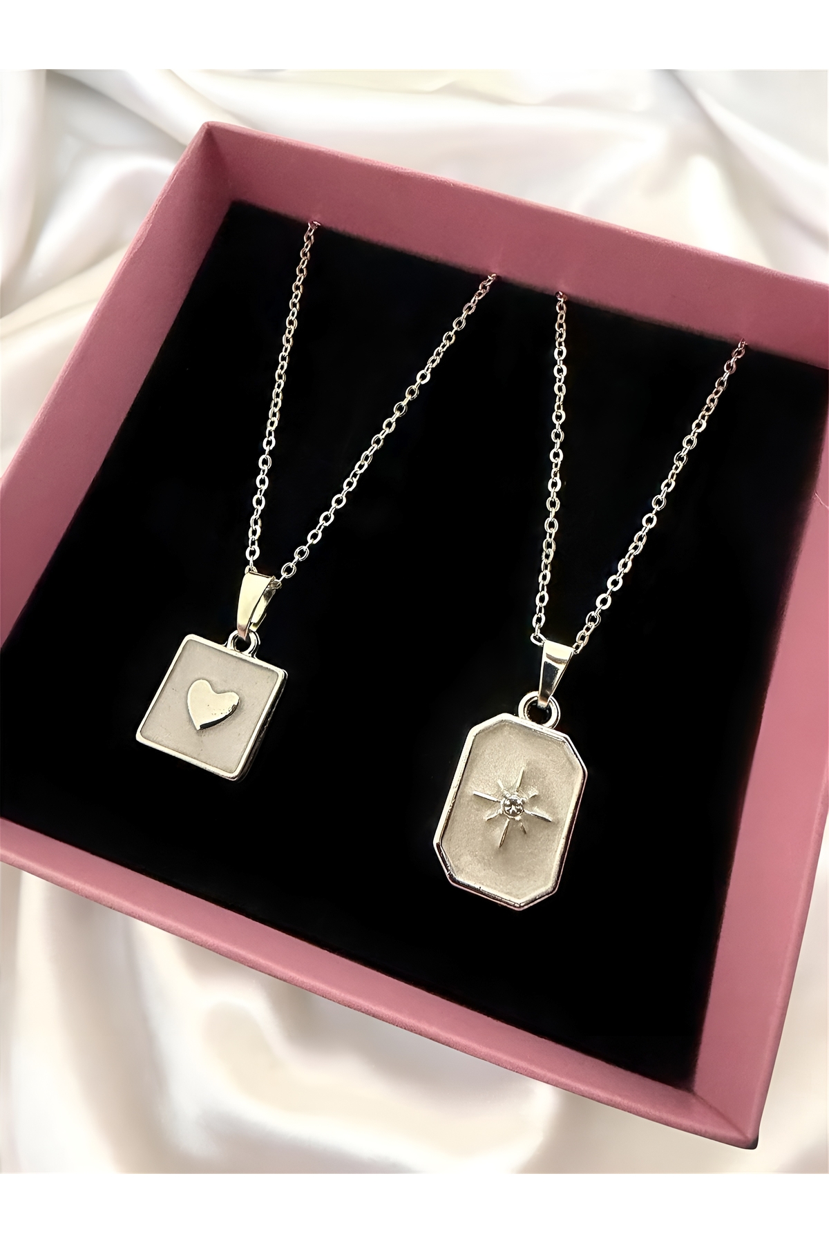 Silver Color Double Pole Star Heart Combination Set Necklace