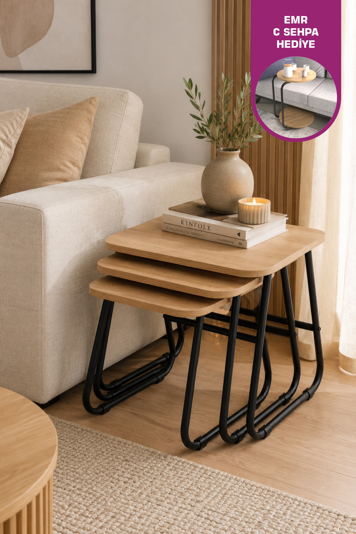 Zigana Multipurpose Black Metal Leg 3-Piece Natural MDF Zigon Coffee Table