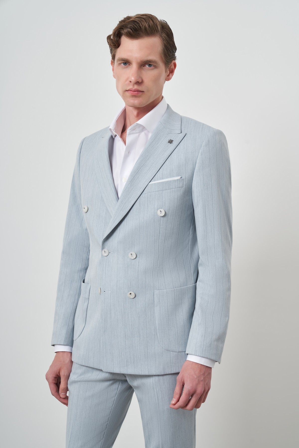 Morven Erkek A. MAVİ Çizgili Desen Kruvaze Slim Fit Sivri Yaka Takım Elbise görsel 4