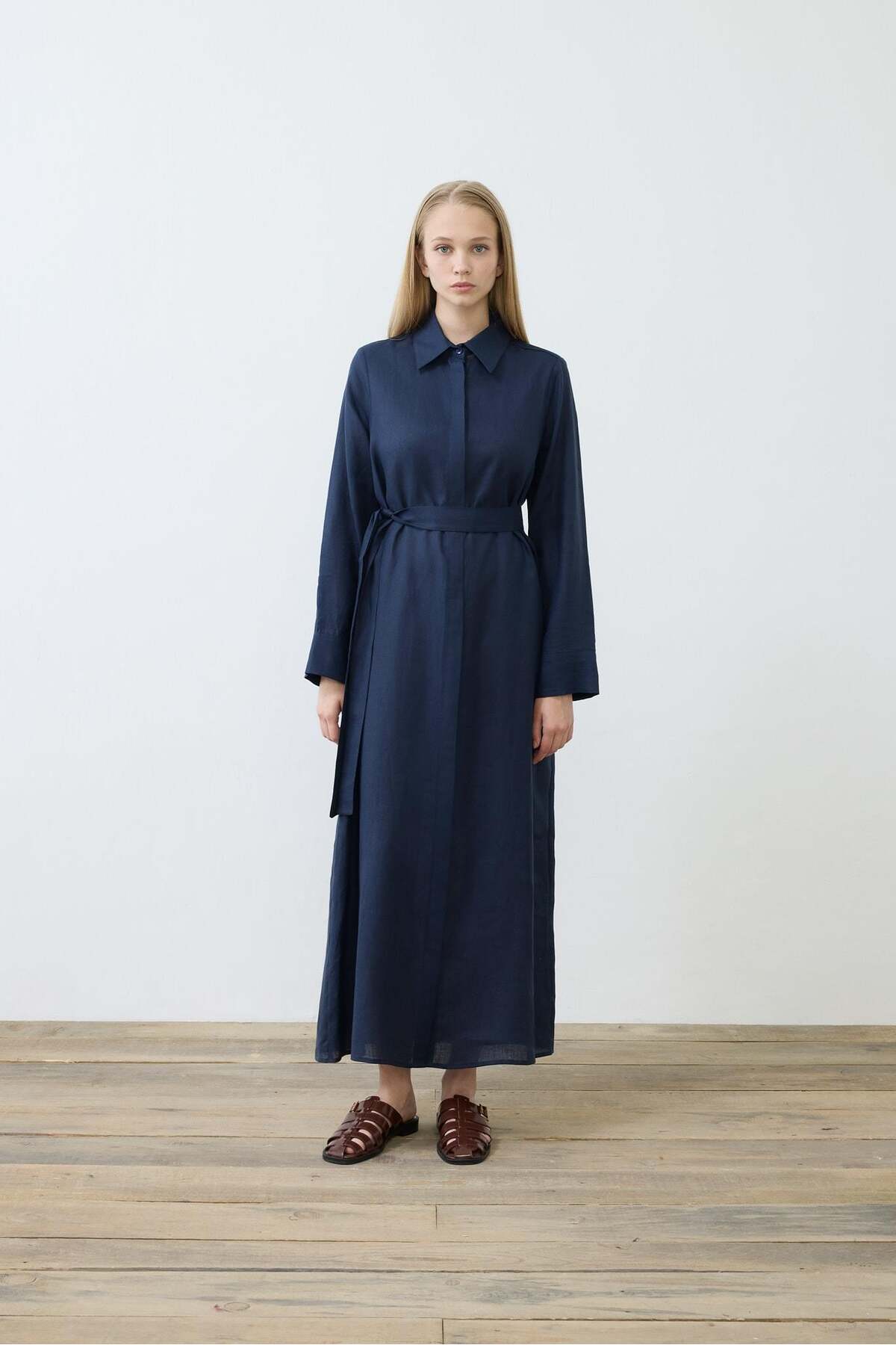 NATURAL 100% LINEN SHIRT DRESS - NAVY