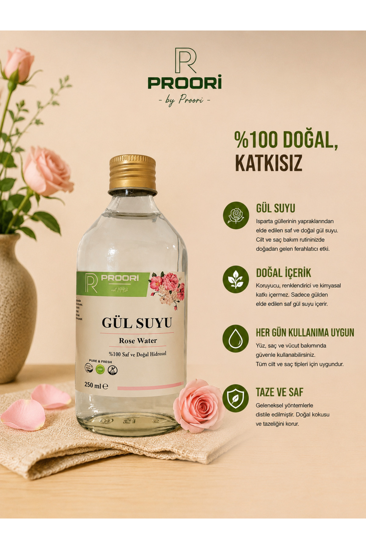 Gül Mayası %100 Saf Gül Suyu Tonik Cam Şişe 250 ml Cam (ROSE WATER) — prgls