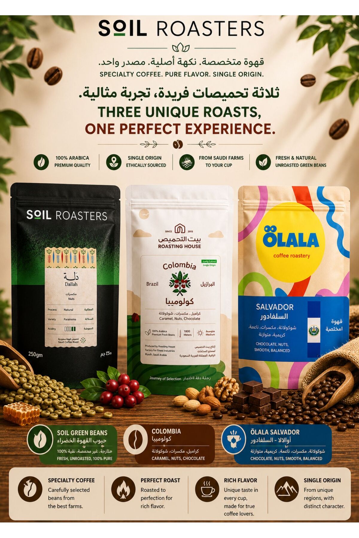 DOPPİO مجموعة القهوة الفاخرة من SOIL Roasters - حبوب خضراء، كولومبيا أحادية ا...