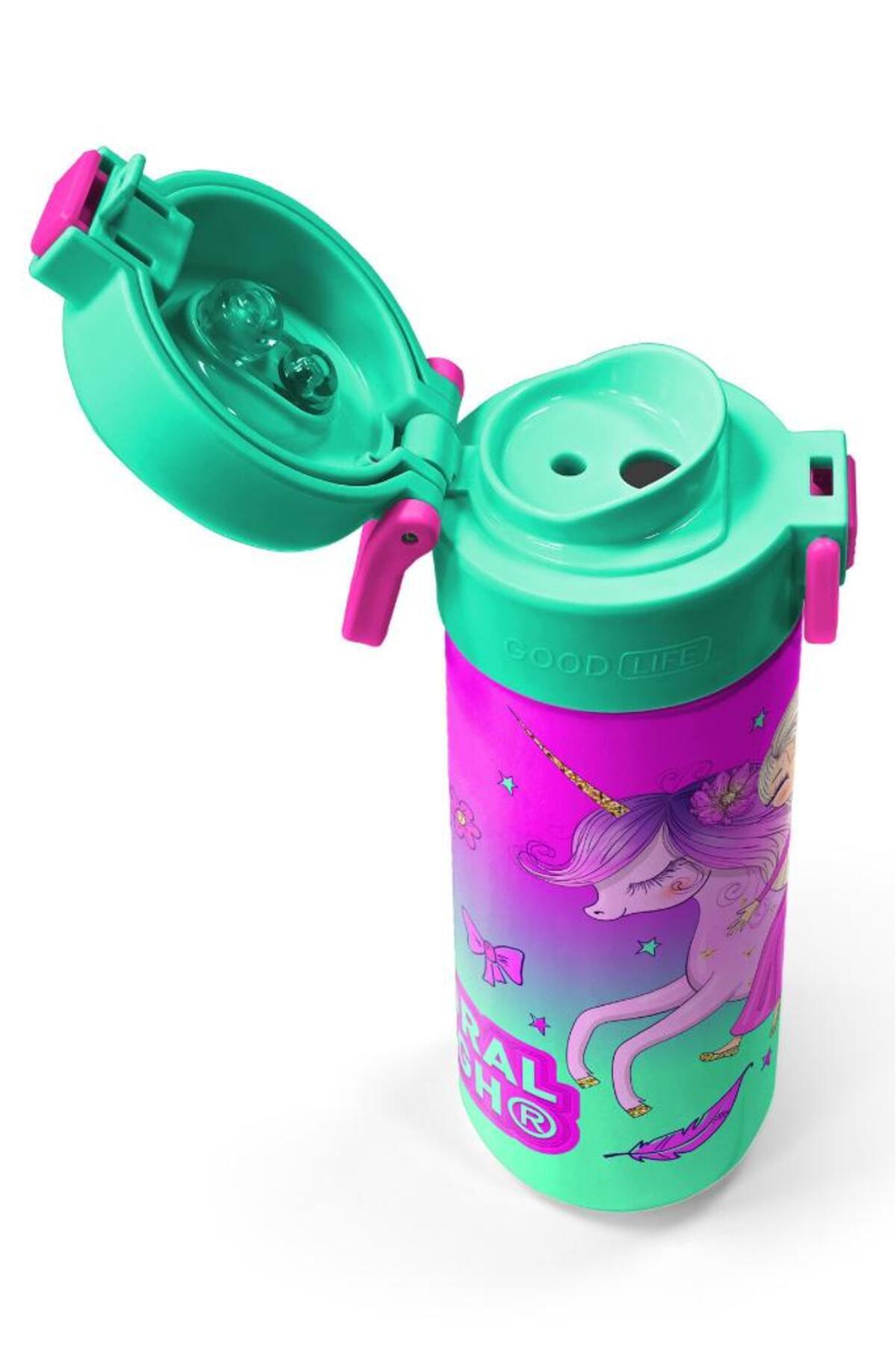 Kids Açık Pembe Mor Unicornlu Prenses Desenli Pipetli ve Direkt İçim Çelik Termos 500 ml