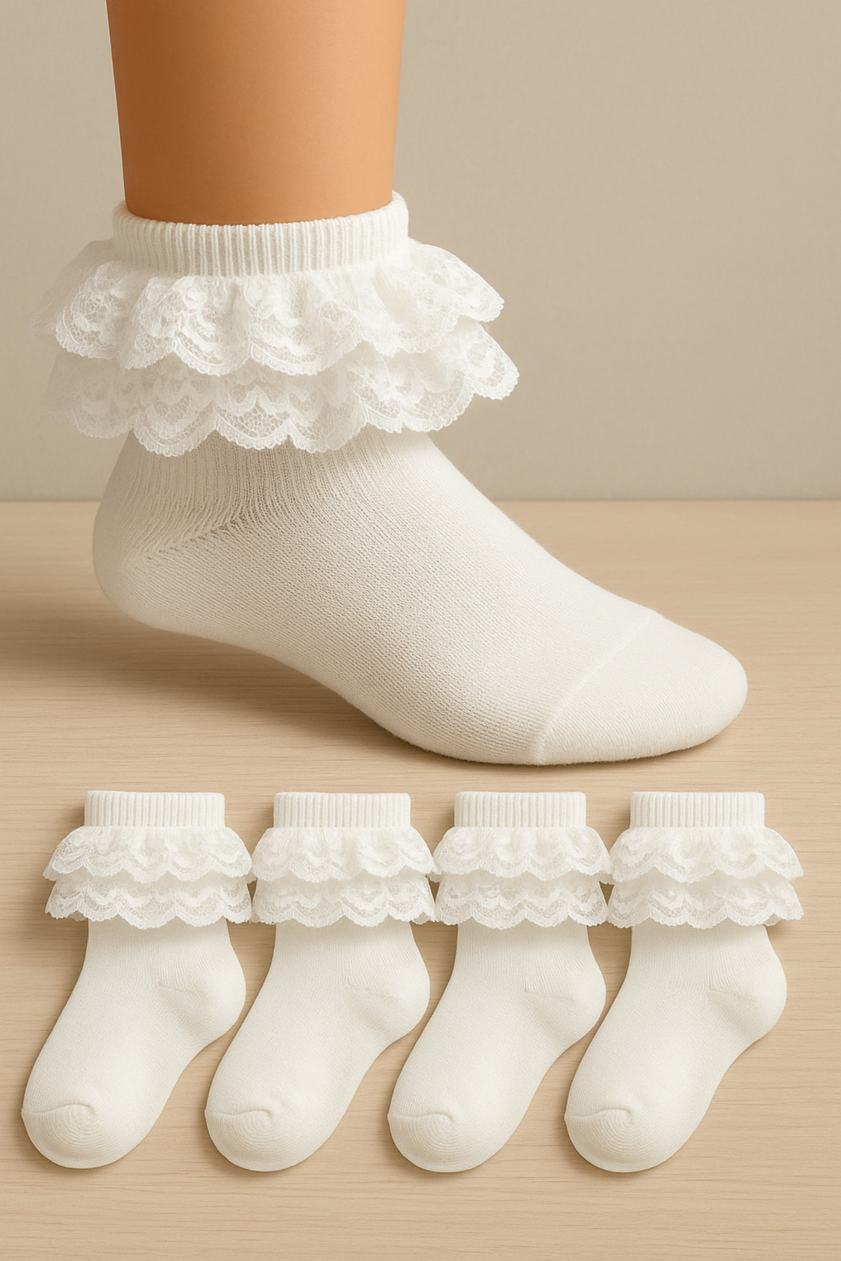 4 Pairs of Soft Lace Seamless Girls Socks